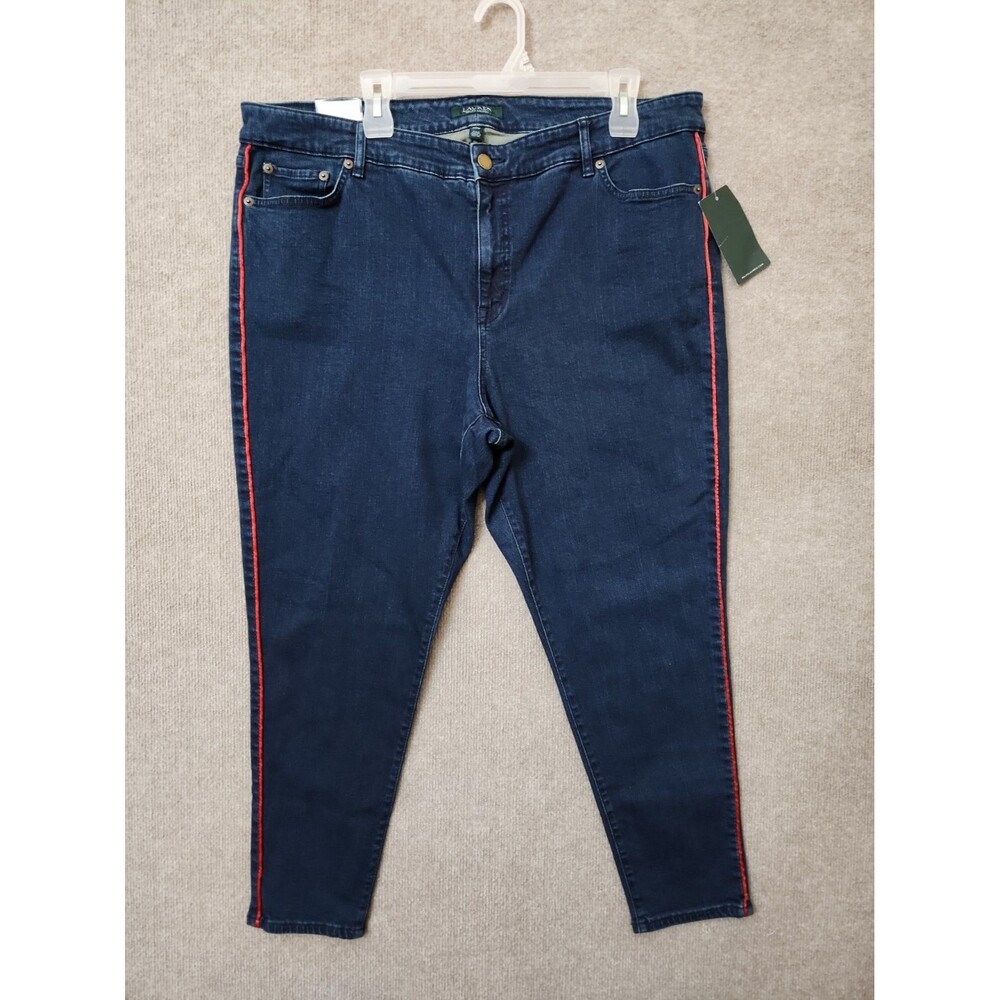 LRL Ralph Lauren Premier Skinny Cropped Jeans Womens 20W Blue Red Piping NEW